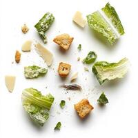 A deconstructed Caesar salad, with individual components of romaine lettuce, croutons, parmesan crisp, and anchovy dressing, presented separately and arranged in an artistic way, highlighting the fresh ingredients and allowing the diner to appreciate each photo