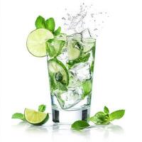 A refreshing mojito cocktail in a glass with muddled mint leaves, lime slices, ice cubes, and a splash of sparkling water. The perfect summer drink with a hint of sweetness. Isolated on clean white background photo