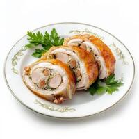 A plate of galantine de volaille, stuffed poultry, typically chicken or duck, served sliced as an appetizer or main course, showcasing the artistry of preparation and the delicate flavors, isolated on clean white background. photo