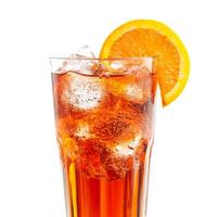 A close-up of a refreshing Campari and soda cocktail, a classic Italian aperitif, made with Campari, soda water, and a splash of orange juice, served in a tall glass with ice and an orange slice, perfect for a pre-dinner drink to stimulate the appetite, i photo