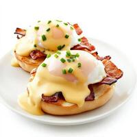 A gourmet eggs Benedict dish, featuring two poached eggs atop toasted English muffins with crispy bacon, smothered in rich hollandaise sauce and garnished with fresh chives. Isolated on clean white background photo