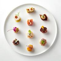 An artfully arranged plate of small bites, each a miniature version of a larger dish, showcasing the chef's skill in creating diverse and complex flavors in a bite-sized format, the artistry of miniature cuisine, perfect for a tasting menu, isolated on a photo