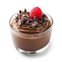 A close-up of a mousse au chocolat, a light and airy chocolate mousse, made with dark chocolate, eggs, sugar, and cream, served in a glass or ramekin, garnished with chocolate shavings and a raspberry, showcasing the smooth texture and the intense chocola photo