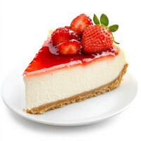 A slice of classic New York-style cheesecake with a rich, creamy filling and a buttery graham cracker crust. Topped with fresh strawberries and a drizzle of strawberry sauce. Isolated on clean white background photo