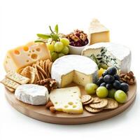 A selection of artisanal cheeses, served on a cheese board, with crackers, fruit, and nuts, showcasing the craftsmanship and variety of cheese-making, a sophisticated course, perfect for concluding a meal, or enjoying with wine, isolated on clean white ba photo