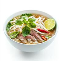 A steaming bowl of Vietnamese pho with rice noodles, thinly sliced beef, and fresh herbs like cilantro, basil, and bean sprouts in a fragrant broth. Served with lime wedges and chili sauce. Isolated on clean white background photo