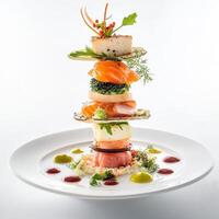 A visually stunning tower of ingredients, stacked high with contrasting colors and textures, creating a dramatic focal point on the plate, highlighting the vertical dimension in innovative food presentation, isolated on clean white background. photo