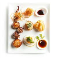 A plate of Spanish tapas, reinvented with the umami flavors of Japanese cuisine, featuring small bites of grilled octopus with soy-ginger glaze, seared scallops with seaweed butter, and tempura vegetables served with a dashi dipping sauce, a unique and so photo