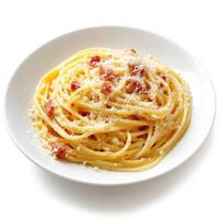 A steaming plate of spaghetti carbonara, with creamy egg-based sauce, crispy pancetta, and a generous dusting of grated Pecorino Romano cheese. The pasta glistens with rich flavors. Isolated on clean white background photo