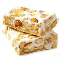 A close-up of a sweet and sticky torrone dessert, an Italian nougat candy, made with honey, sugar, egg whites, and nuts, such as almonds or hazelnuts, served sliced and wrapped in wafer paper, a traditional Christmas treat, isolated on clean white backgro photo