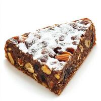 A close-up of a sweet and savory panforte dessert, a dense and chewy Italian fruitcake, made with honey, nuts, and candied fruit, dusted with powdered sugar and served sliced, a classic Sienese delicacy, isolated on clean white background. photo