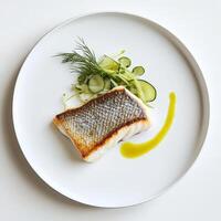 A minimalist white plate showcasing a perfectly seared piece of line-caught sea bass, its crispy skin glistening, served on a bed of delicate sea bean salad, with a drizzle of lemon-infused olive oil, and a sprig of fresh dill, emphasizing the purity of t photo