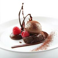 A close-up of a delicate chocolate dessert, featuring a chocolate lava cake, a scoop of raspberry sorbet, and a chocolate tuile, drizzled with chocolate sauce and sprinkled with cocoa powder, presented on a small, elegant dessert plate, emphasizing the in photo