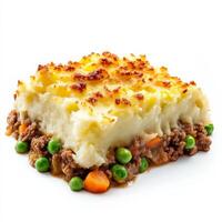 A traditional British shepherd's pie with a savory layer of seasoned ground lamb, peas, and carrots, topped with creamy mashed potatoes, baked to a golden perfection. Isolated on clean white background photo