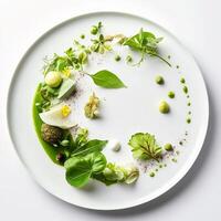 A plate composed primarily of a single color, perhaps vibrant green, with ingredients arranged to create depth and visual interest, highlighting the use of color to create a dramatic and artistic effect in food presentation, isolated on clean white backgr photo