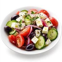 A fresh Greek salad featuring crisp cucumbers, ripe tomatoes, red onions, black olives, and chunks of feta cheese. The ingredients are drizzled with olive oil and sprinkled with oregano, creating a vibrant and healthy dish. Isolated on clean white backgro photo