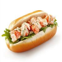 A gourmet lobster roll filled with chunks of succulent lobster meat, lightly dressed in mayonnaise and served inside a toasted, buttered split-top bun. A seafood lover's dream. Isolated on clean white background photo