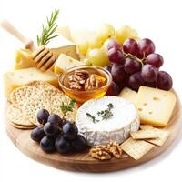 A classic cheeseboard featuring a selection of fine cheeses, including brie, gouda, and blue cheese, accompanied by grapes, walnuts, honey, and artisan crackers. A gourmet appetizer for wine lovers. Isolated on clean white background photo