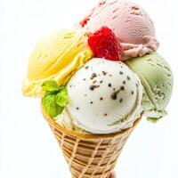 A close-up of a refreshing Italian gelato, a dense and creamy ice cream, available in a variety of flavors, such as pistachio, stracciatella, and lemon, served in a cone or cup and garnished with fresh fruit, isolated on clean white background. photo