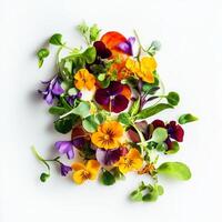 A vibrant display of microgreens and edible flowers as a garnish, adding a touch of freshness and color to a dish, emphasizing the attention to detail and the use of natural ingredients in haute cuisine, isolated on clean white background. photo