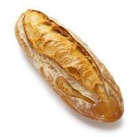 A freshly baked baguette with a golden, crisp crust and a soft, airy interior. The bread has a rustic appearance with natural cracks and a slightly uneven shape, showcasing its artisanal quality. Isolated on clean white background photo