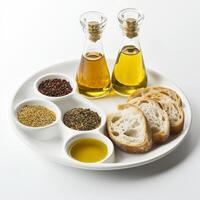 A tasting plate of oils or salts, each presented in a small dish with bread, allowing the diner to explore subtle differences in flavor and texture, highlighting the importance of the building blocks of flavor, isolated on clean white background. photo