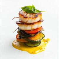 A vertical composition of pan-seared scallops, stacked atop a colorful ratatouille tower, drizzled with a saffron-infused aioli and garnished with a crispy basil leaf, showcasing the interplay of textures and the vibrant presentation of a classic Mediterr photo