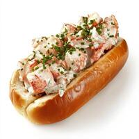 A gourmet lobster roll in a toasted, buttered brioche bun, filled with succulent chunks of fresh lobster meat mixed with a light, creamy dressing. Garnished with finely chopped chives for an elegant touch. Isolated on clean white background photo
