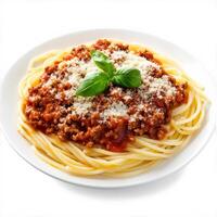 A steaming plate of spaghetti Bolognese with a rich, slow-cooked tomato and ground beef sauce. The pasta is coated in the thick sauce and topped with freshly grated Parmesan cheese and a sprinkle of fresh basil. Isolated on clean white background photo