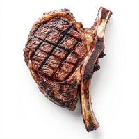 A perfectly grilled tomahawk steak, cooked to a medium-rare perfection, with a beautifully seared crust. The thick bone-in ribeye is sliced to showcase its juicy, marbled texture. Isolated on clean white background photo