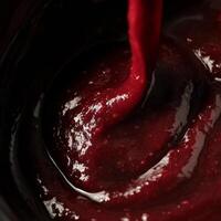 A close up of a red sauce being poured into a bowl photo