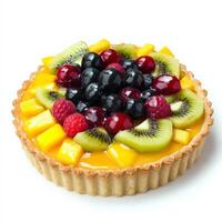 A vibrant fruit tart with a buttery pastry crust filled with smooth vanilla custard, topped with an assortment of fresh berries, kiwi slices, and mango chunks. A glossy glaze enhances the presentation. Isolated on clean white background photo