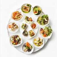 A meal presented in a series of small, artfully arranged dishes, perhaps on a tiered serving tray, encouraging the diner to explore different flavors and combinations, the artistry of a curated tasting experience, isolated on clean white background. photo