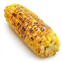 A perfectly grilled corn on the cob, coated in melted butter and sprinkled with salt and paprika. The golden kernels are slightly charred, enhancing their smoky sweetness. Isolated on clean white background photo
