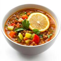 A steaming bowl of homemade lentil soup, packed with nutritious vegetables like carrots, celery, and tomatoes, simmered in a rich, seasoned broth. Garnished with a squeeze of fresh lemon and chopped parsley, this hearty and healthy dish is perfect for a c photo
