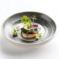 A presentation that utilizes a custom-designed plate or serving vessel, its shape, color, or texture enhancing the presentation and overall dining experience, the artful integration of tableware into the culinary vision, isolated on clean white background photo