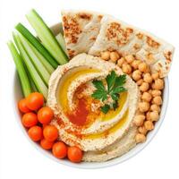Hummus with vegetables and pita bread in a bowl isolated on white background photo