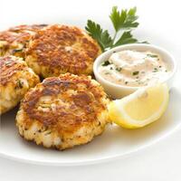 A plate of crab cakes with a lemon wedge photo