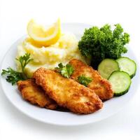 Fried chicken with mashed potatoes and cucumbers on a white plate photo