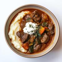 A bowl of stew with mashed potatoes and sour cream photo