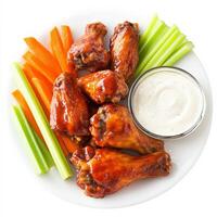 A plate of chicken wings with celery and carrots photo