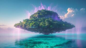 Floating Island Oasis in Calm Ocean with Mystical Light Effects photo