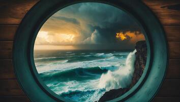 Ocean View Through Porthole with Crashing Waves and Dramatic Sky photo