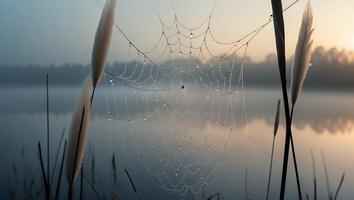 Spiderweb Covered in Dew by Lake at Dawn Nature Scene photo