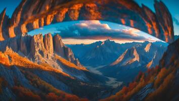 Scenic Mountain Valley View at Sunset with Autumn Colors and Clouds photo