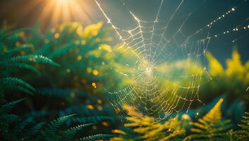 Dew Covered Spiderweb in Forest with Ferns and Sunburst photo