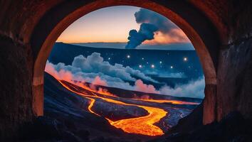 Viewing Glowing Lava Flowing From Archway During Dusk with Starry Sky photo