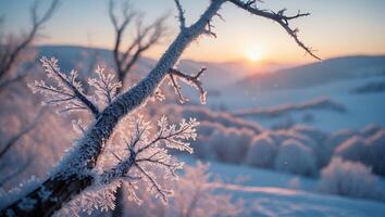 Frost Covered Tree Branch Overlooking Snowy Landscape at Sunrise photo