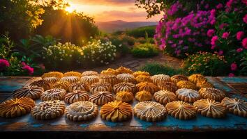 Assorted Cookies Displayed on Rustic Table with Scenic Garden Backdrop photo
