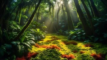 Lush Green Forest with Sunlight Streaming Through Trees and Mossy Ground photo